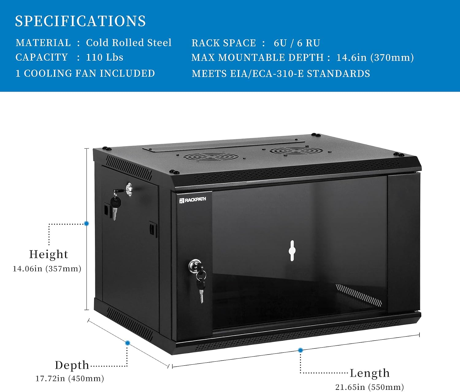 RackPath 6U Wall Mount Network Rack Cabinet – Quiet Cooling Fan, Locking Glass Door, 17.7' Deep (450mm), Removable Locking Side Panels, Fits 19' IT & A/V Equipment