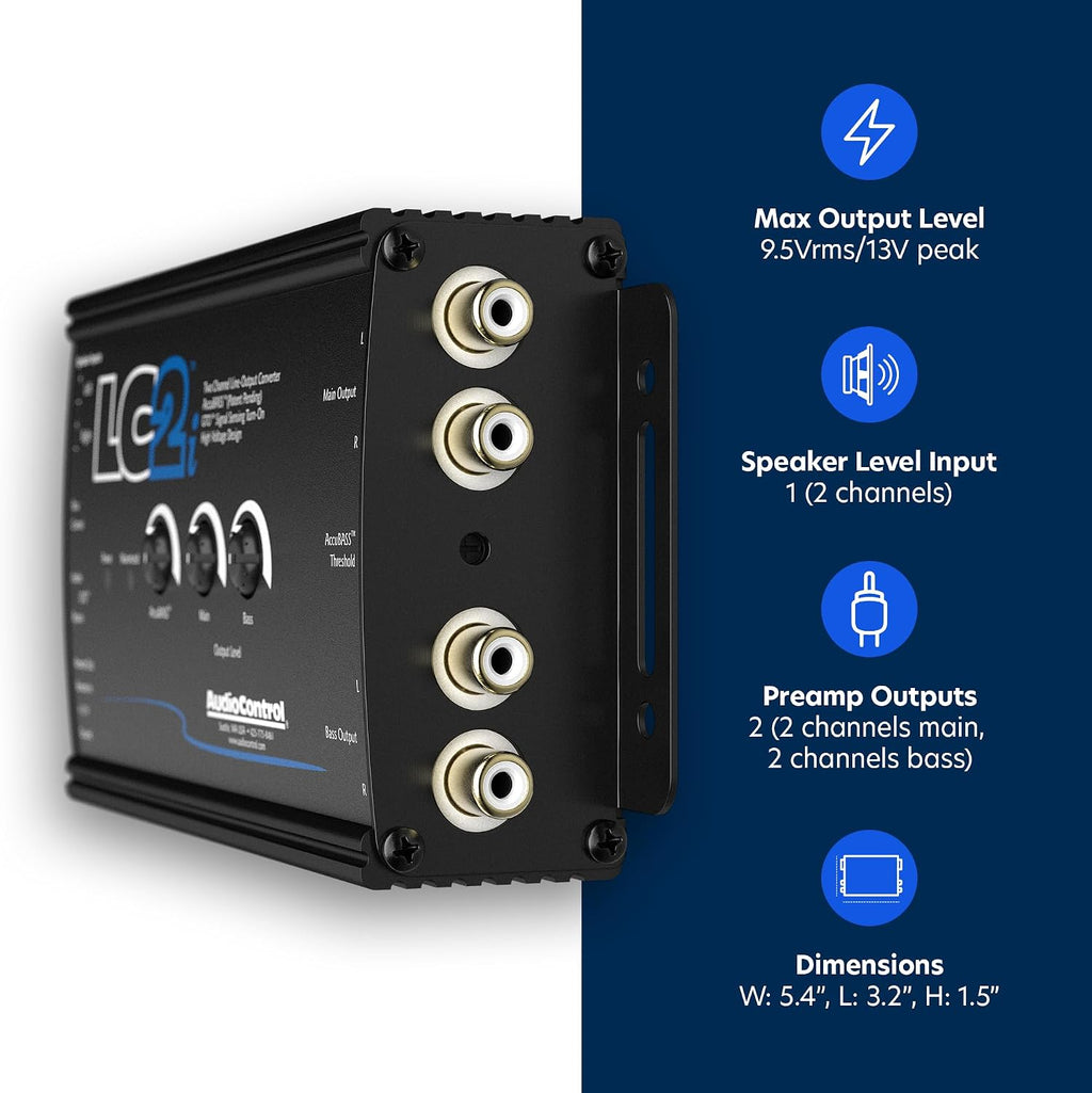 AudioControl LC2i 2-Channel Line Output Converter with AccuBASS for Adding Subwoofers, Amplifiers to Factory Car Audio Receiver Head Unit, Speaker Level to RCA Line Level Converter