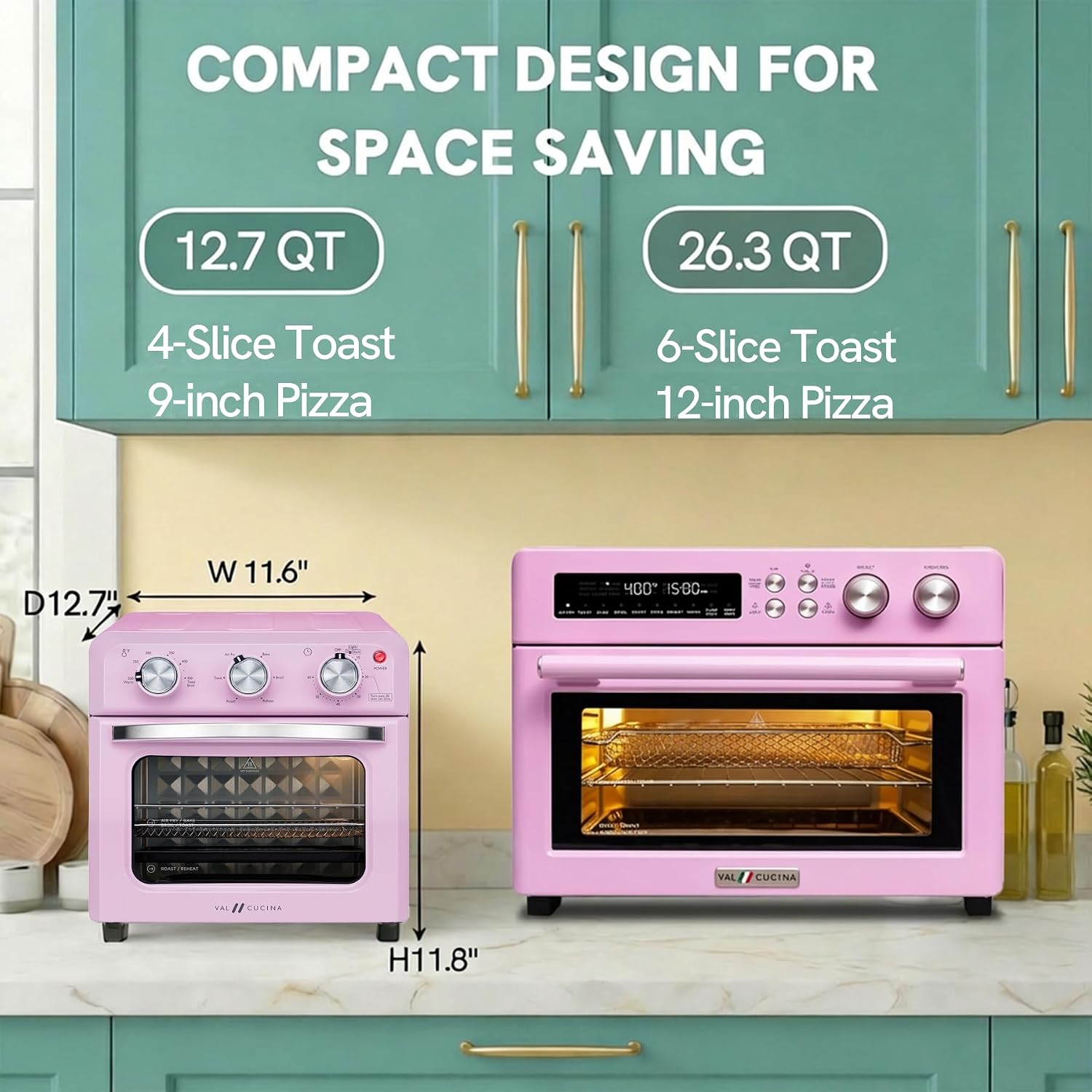 VAL CUCINA 6-in-1 Air Fryer Toaster Oven Combo, Compact 12.7 QT Small Countertop Convection Oven, Fits 9' Pizza & 4 Toast, Hexagon Hybrid Heating, Enamel Baking Pan