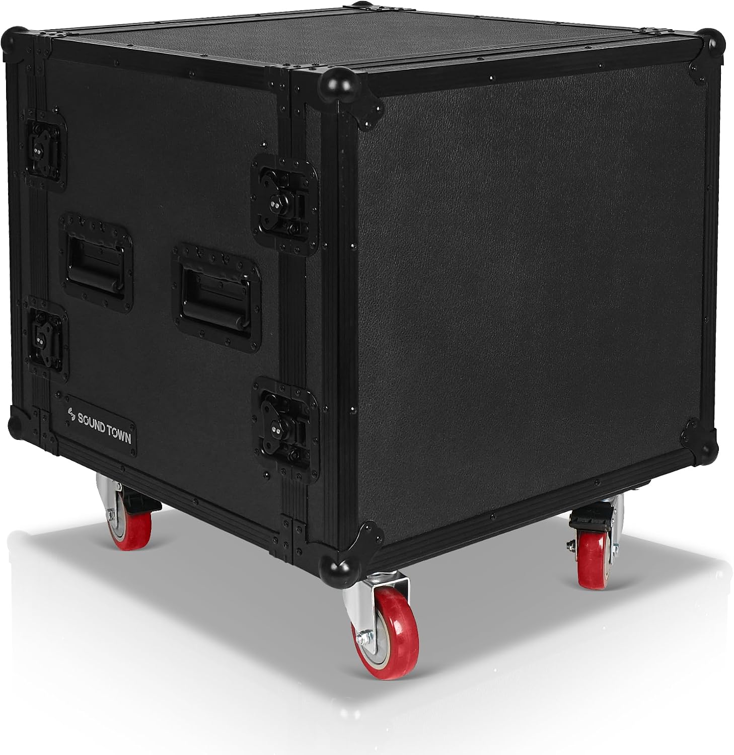 Sound Town Black Series Shock Mount 10U ATA Plywood Rack Case with 21' Rackable Depth, All-Black Anodized Hardware and Casters, Pro Tour Grade (STRC-SPB10UW)