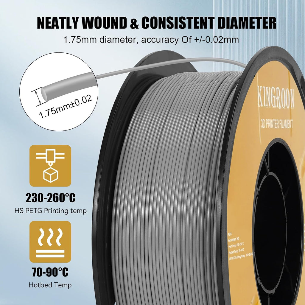 Kingroon High Speed PETG 3D Printer Filament Bundle 1.75mm, 3D Printer Rapid Filament for 30-600mm/s Hyper Printing Filament, Dimensional Accuracy +/- 0.03 mm, 10 kg Plastic Spool (22lbs（Gray）