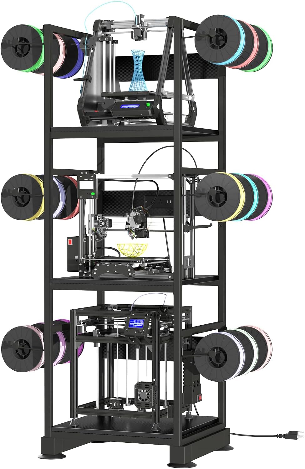 3DPrinter Stand with Filament Storage,3D Printer Rack with Power Outlet,Heavy-Duty 3D Print Storage Shelf for ABS/PLA/TPU Filament Spools,Perfect for 3D Printing Workshops,Carbon Fiber Black