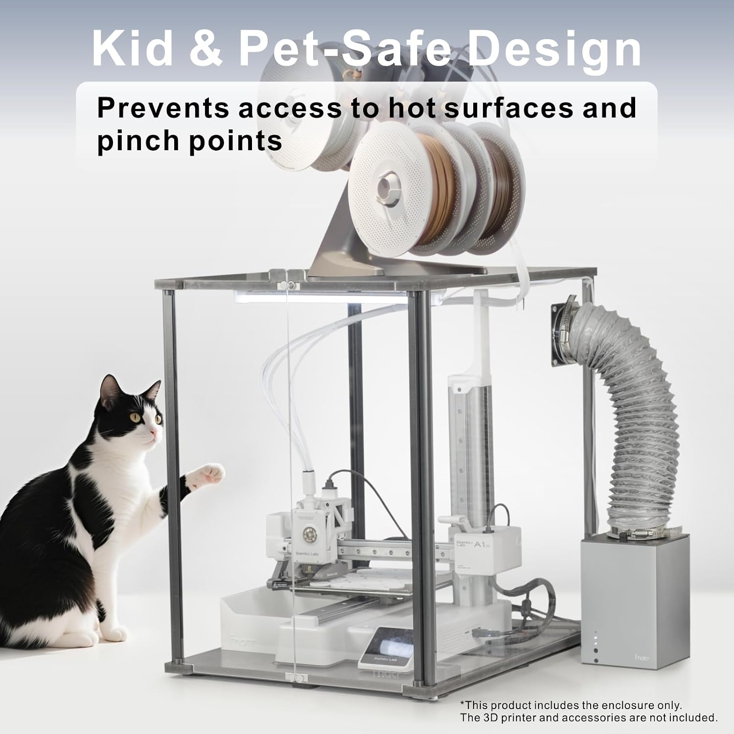 3D Printer Enclosure for Bambu Lab A1 Mini - Fume & Odor Control, Ventilation Cutout for Air Purification, Overheating Protection, LED Light, Versatile AMS Lite Placement, Black