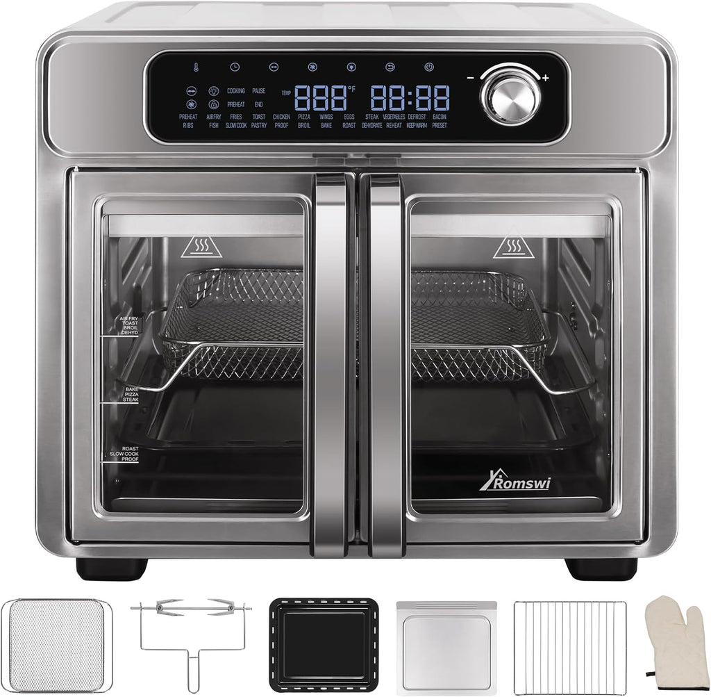 Romswi 26QT French Door Air Fryer Toaster Oven Combo, 24 Cooking Functions and Digital Controls, Fits 12' Pizza, 6 Slices of Toast, Rotisserie 6lb Chicken, 6 Accessories Included