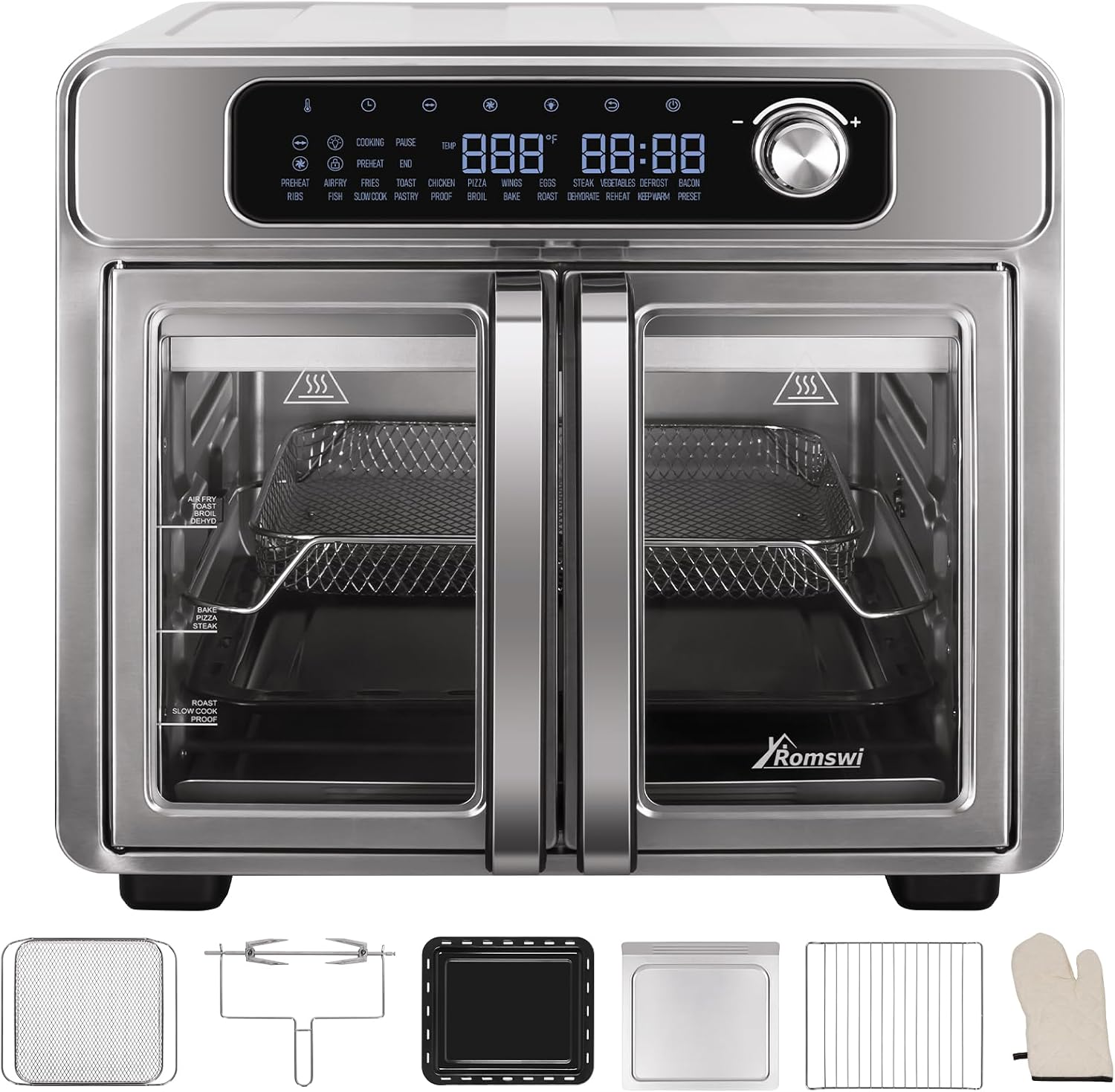 Romswi 26QT French Door Air Fryer Toaster Oven Combo, 24 Cooking Functions and Digital Controls, Fits 12' Pizza, 6 Slices of Toast, Rotisserie 6lb Chicken, 6 Accessories Included