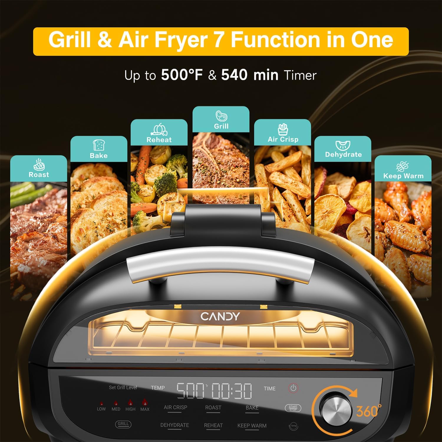 Candy Indoor Grill & Air Fryer with Ceramic Accessories, 500°F Max, 7-IN-1 Digital Display, 5.2 QT Electric Low Smoke with View Window, Smart Thermometer, Crisp, Roast & Dehydrate, Easy Clean, 1500W