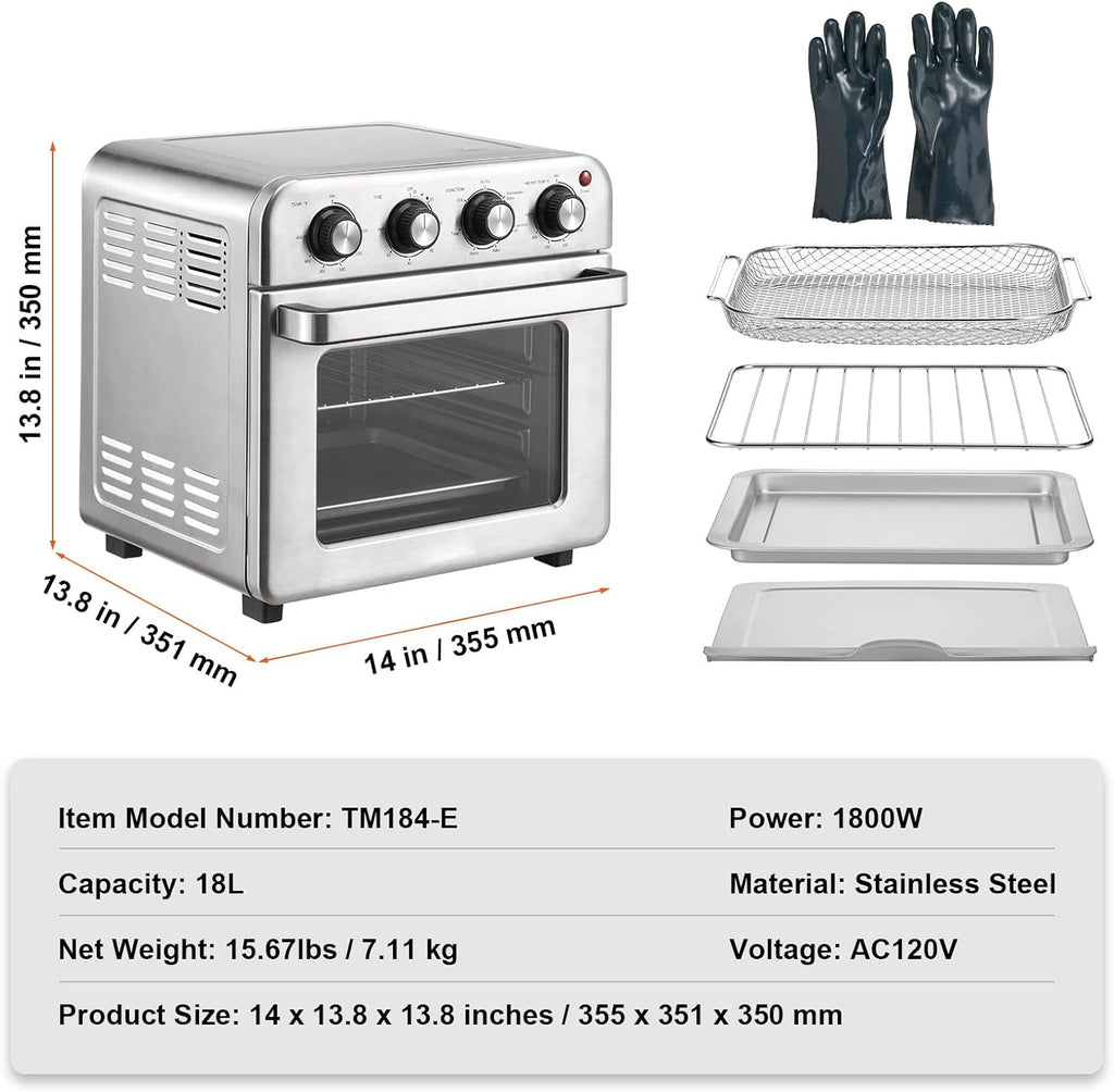 Happybuy 7-in-1 Air Fryer Toaster Oven, 18L Convection Oven, 1700W Stainless Steel, Countertop Combo with Grill, Pizza Pan, Gloves, 6 Slices Toast, 12-inch Pizza, Home & Commercial Use