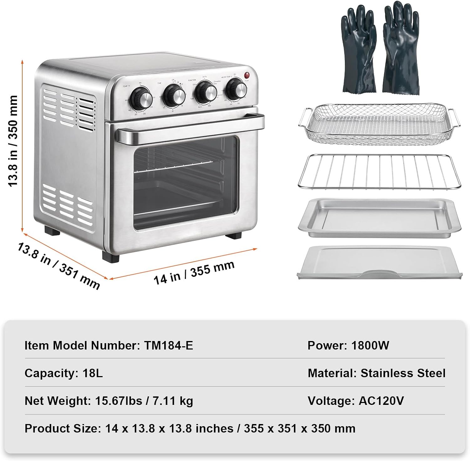 Happybuy 7-in-1 Air Fryer Toaster Oven, 18L Convection Oven, 1700W Stainless Steel, Countertop Combo with Grill, Pizza Pan, Gloves, 6 Slices Toast, 12-inch Pizza, Home & Commercial Use