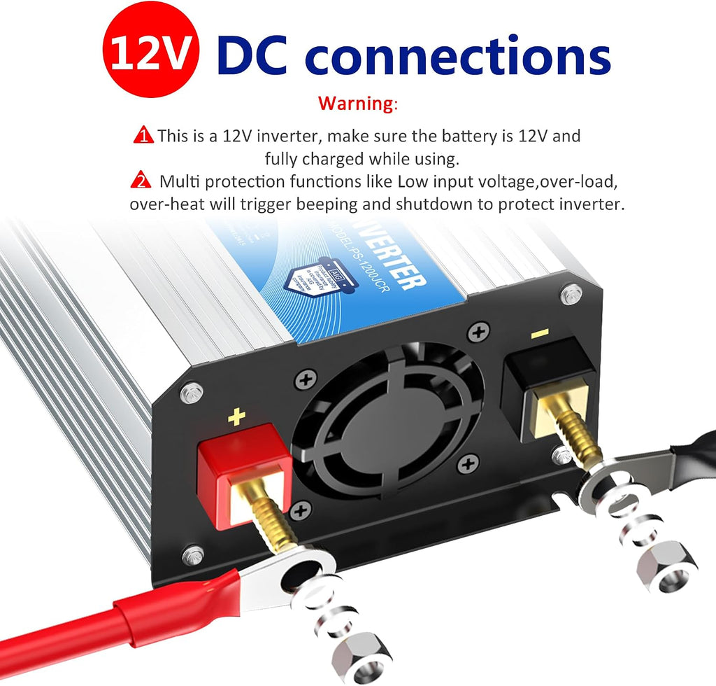 Power Inverter Pure Sine Wave 1200 Watt 12V Dc to 120V Lithium Battery Compatible with UL Fuses and USB-C PD30W and QC 3.0 FastCharger and Wired Remote for RVs Car Solar System Emergency