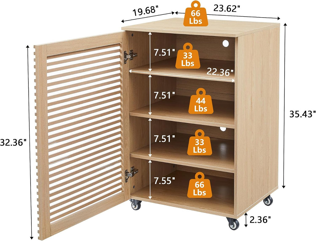 LEVNARY 5-Tier AV Media Cabinet with Grille Door & Adjustable Shelves, Modern Wooden Stereo Rack with Cable Management & Wheels, Audio Video Stand for Living Gaming Room Recording Studio (Natural)
