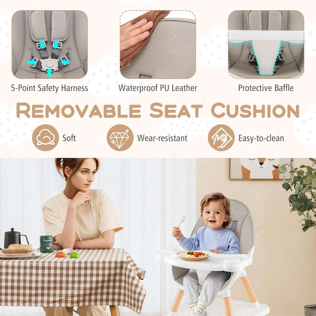 HONEY JOY Baby High Chair, 6-in-1 Convertible Wooden Highchair for Babies and Toddlers/Table Set/Toddler Chair with Safety Harness, 4-Position Removable Feeding Tray (Gray)