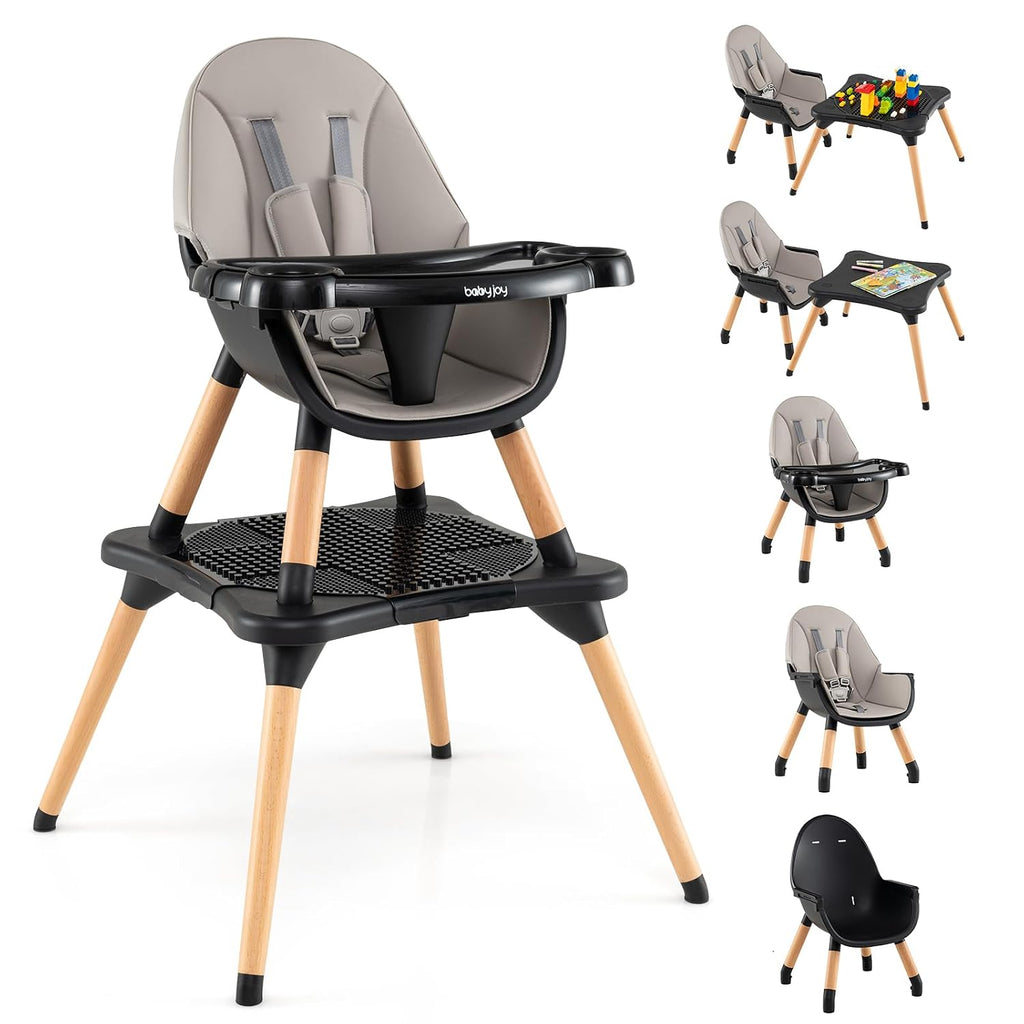 BABY JOY 6 in 1 High Chair, Convertible High Chairs for Babies and Toddlers/Booster Seat/Table and Chair Set, Infant Wooden Highchair w/ 5-Point Harness, 4-Position Removable Tray & PU Cushion (Black)