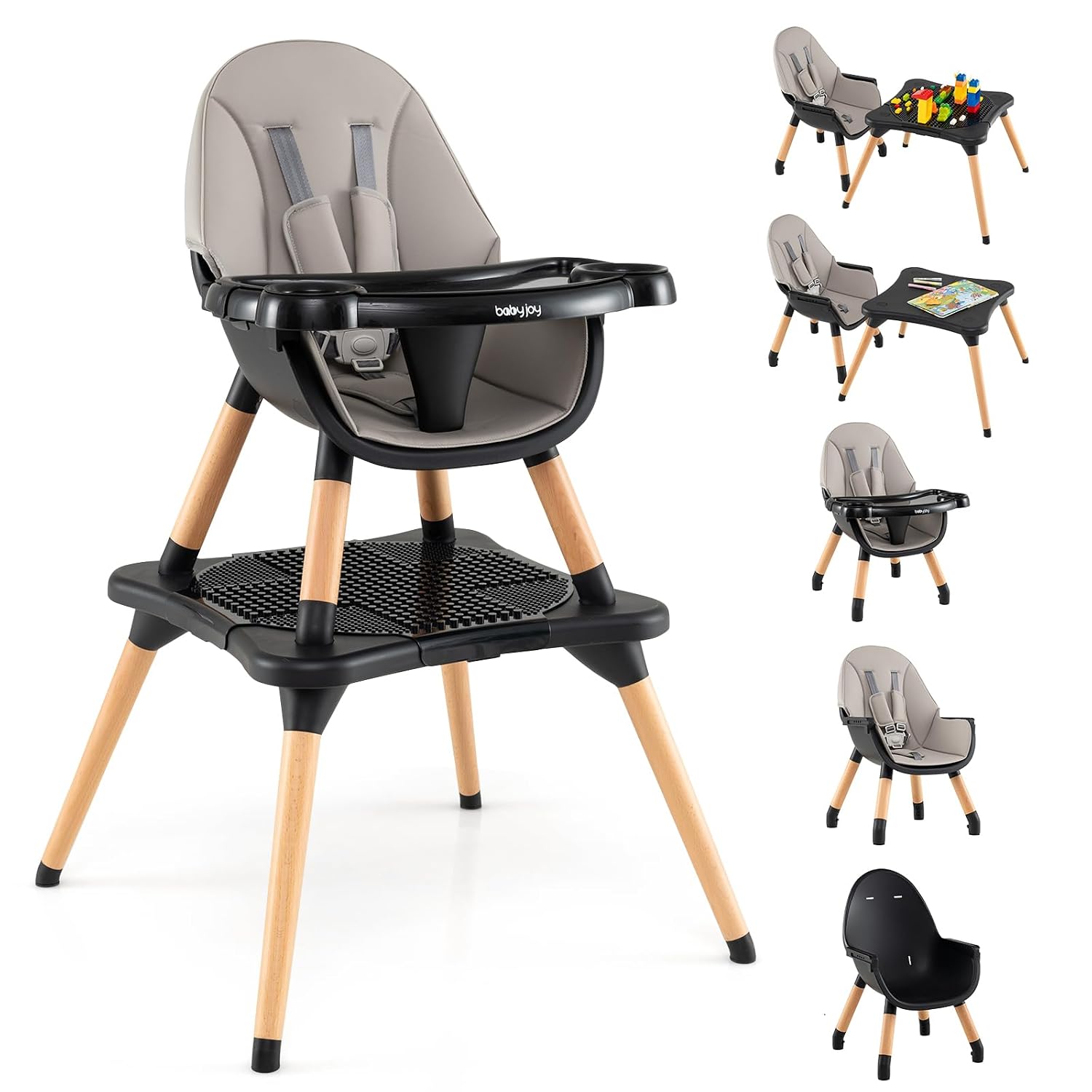 BABY JOY 6 in 1 High Chair, Convertible High Chairs for Babies and Toddlers/Booster Seat/Table and Chair Set, Infant Wooden Highchair w/ 5-Point Harness, 4-Position Removable Tray & PU Cushion (Black)