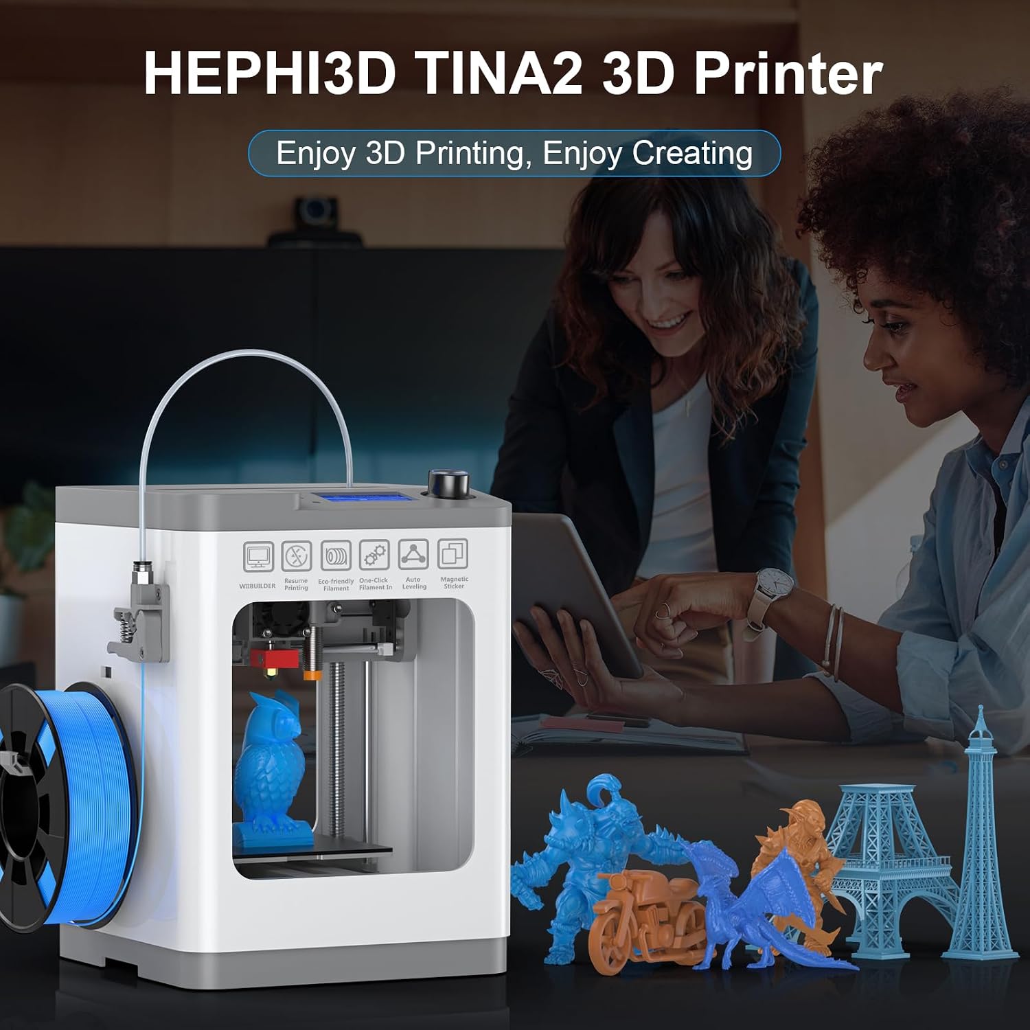 TINA2 Mini 3D Printer, HEPHI3D FDM 3D Printers for Beginners, Fully Assembled Auto Leveling 3D Printer for Kids, Resume Printing Function, Fully Open Source, Removable Flexible Magnetic Build Plate