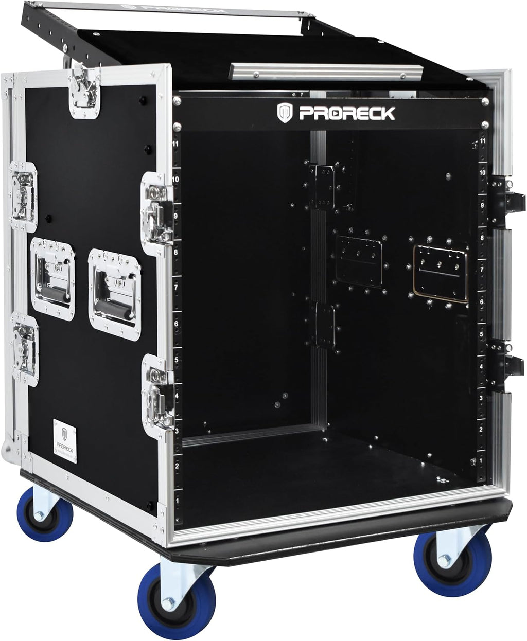 PRORECK 12U Rack/Road Case With Slant Mixer Top, And Casters, 20'' Rackable Depth, Plywood, 12U Installation Size, Pro Stage Performance