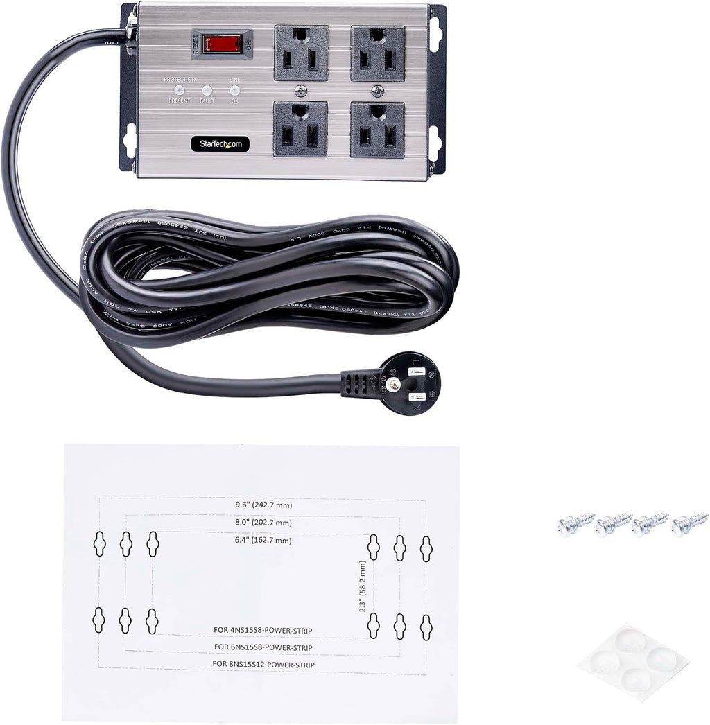 StarTech.com Flat Plug 4-Outlet Heavy Duty Industrial Power Strip 125V/15A with Surge Protector, EMI/RFI Isolation, Mountable PDU, 8ft/2.4m Extension Power Cord, NEMA 5-15P/R, TAA