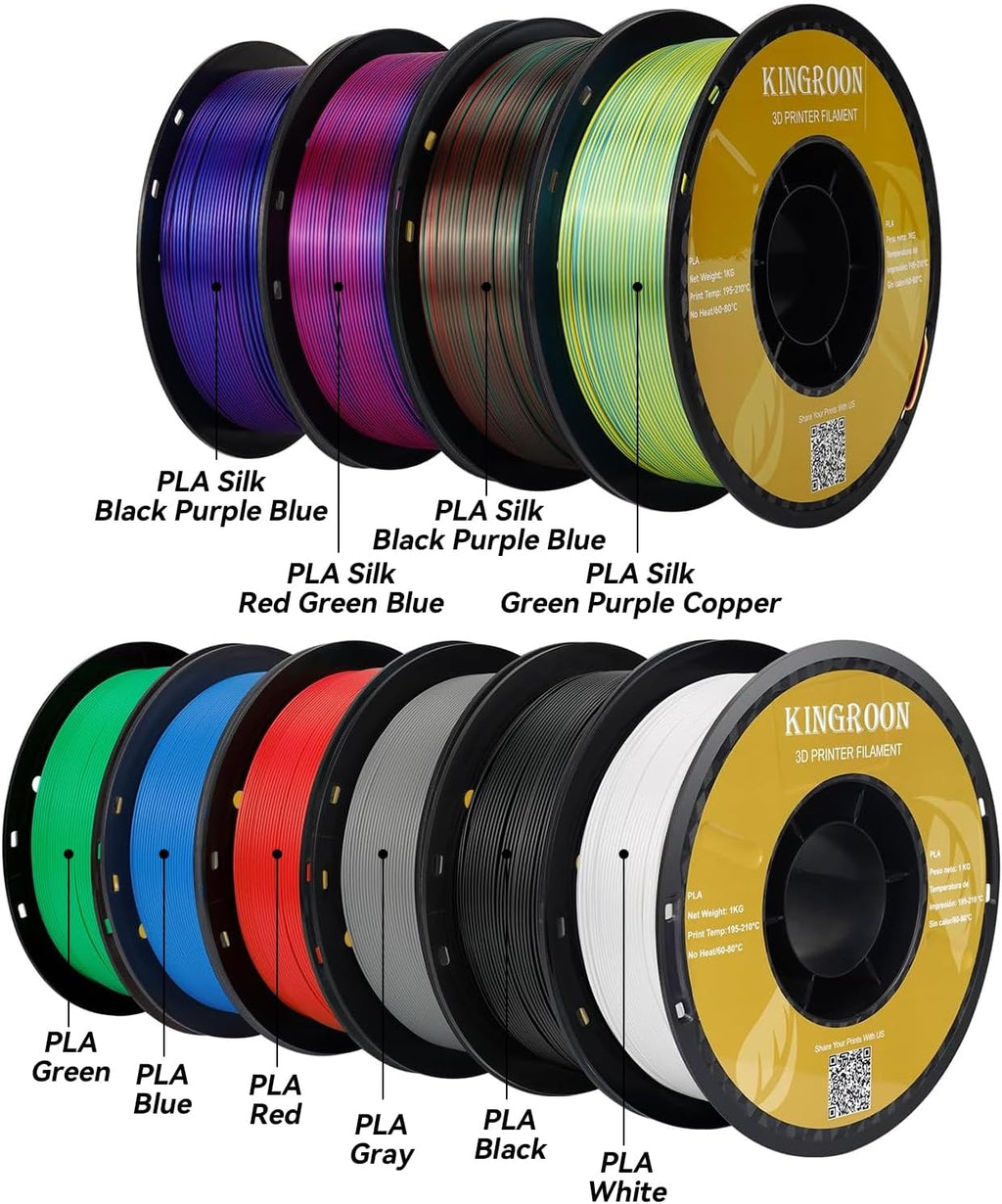 Kingroon PLA 3D Printer Filament,10 Rolls, 10kg Spool(22lbs),Single and Triple Color1.75 mm,4 Triple Color Silk PLA+6 PLA