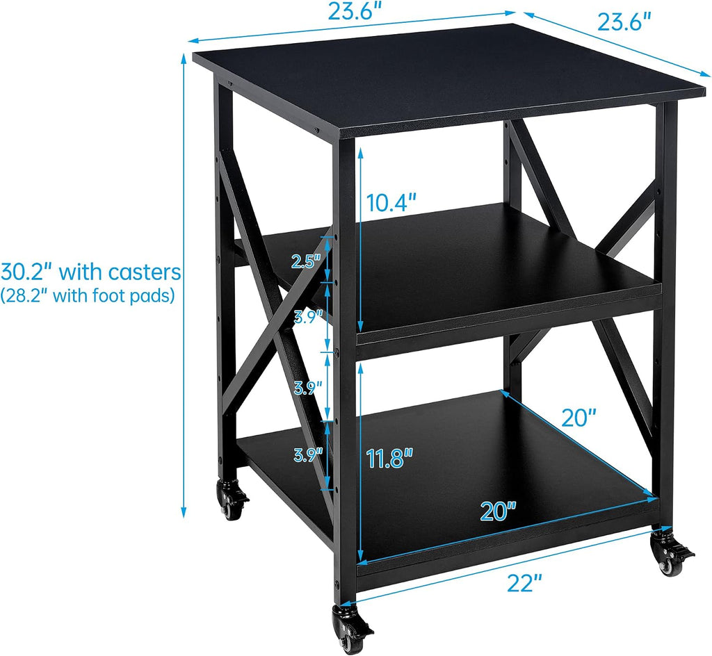 Fannova Printer Stand, 23.6 x 23.6 x 30.1 Inches Large Square Printer Table with Height Adjustable Storage Shelf, 3 Tier Rolling Printer Cart with Industrial Wheels for Home Office - Black