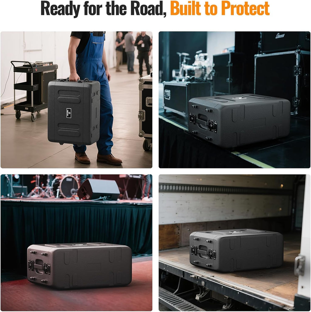 Phenyx Pro 4U Shallow Rack Case, 19' Rackmount Road Case, Detachable Front and Back Cover Storage, Shockproof & Waterproof, Server Rack Cabinet for Wireless Mic Systems, IEMs, Amplifiers (PRCSE-4U)