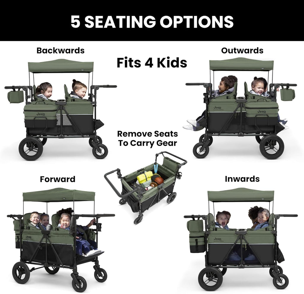 Delta Children - Jeep Wrangler Deluxe 4 Seater Stroller Wagon - Premium Quad Stroller Wagon for 4 Kids with Convertible Seats, Adjustable Push/Pull Handles, Removable Canopy & Flat Fold, Black/Green