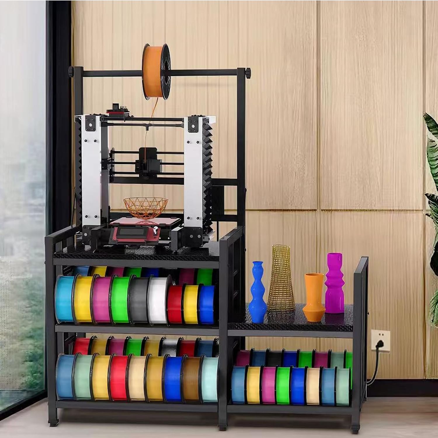 3D Printer Table with Filament Storage Printer Stand with Power Outlet,Heavy Duty 3D Printer Storage rack for ABS, PLA, TPU Filament Spools, Home Offices and Studios Carbon Fiber Black
