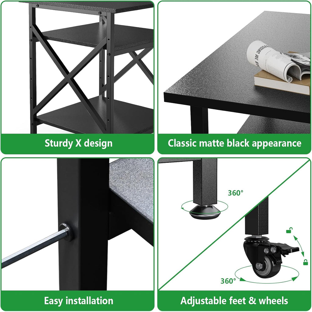 3 Tier Printer Stand, Large Table with Wheels, Rolling Cart with Height Adjustable Middle Storage Shelf, 23.6 x 23.6 x 30.3 Inches Shelf for Home Office, Black