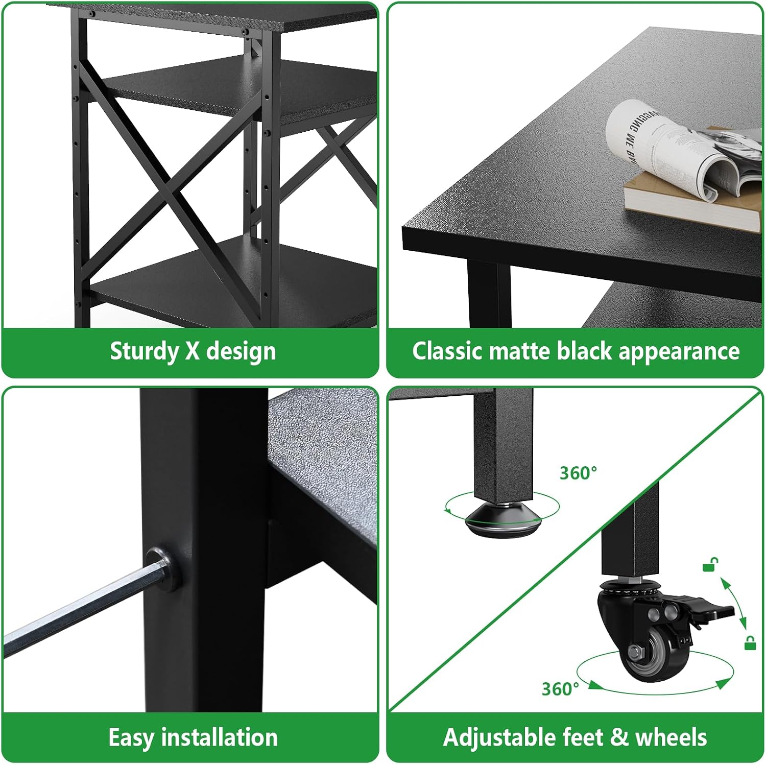 3 Tier Printer Stand, Large Table with Wheels, Rolling Cart with Height Adjustable Middle Storage Shelf, 23.6 x 23.6 x 30.3 Inches Shelf for Home Office, Black