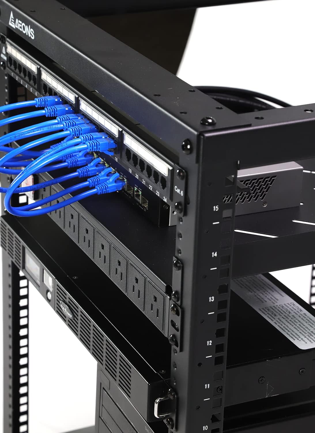 AEONS 10U Open Frame Network Server Rack 19-inch 4 Post AV Rack with Casters for Floor Standing and Wall Mount, Side Load for Extra Depth– Complete Kit with 1U and 2U Vented Shelves, Black