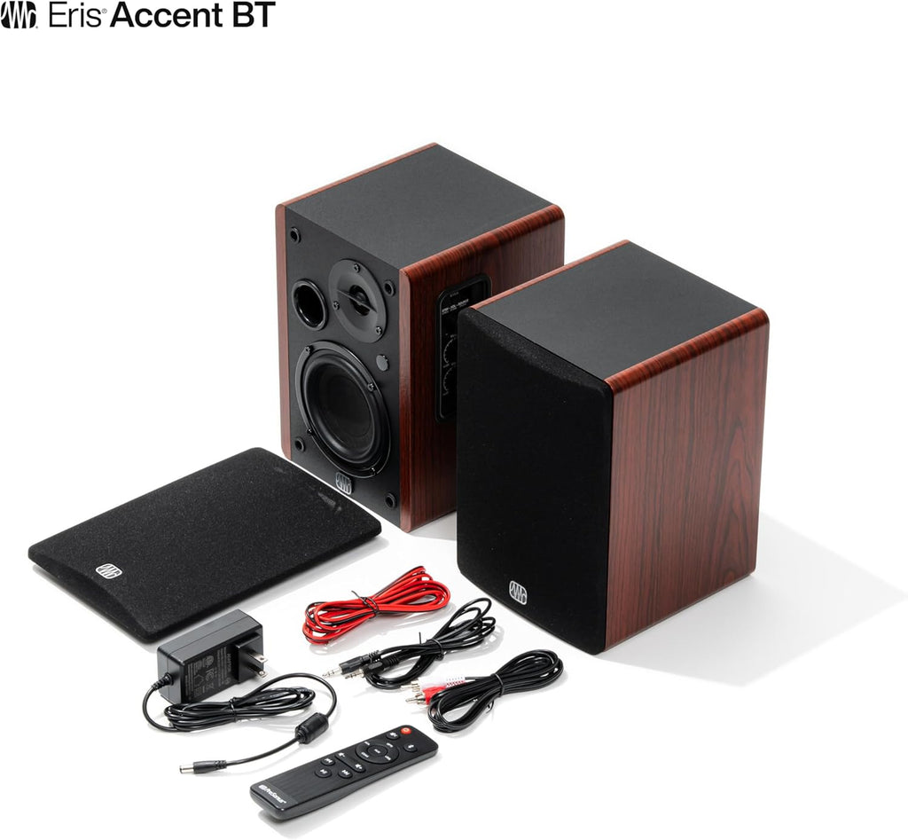 PreSonus Eris Accent BT 60W Powered Bookshelf Bluetooth Speakers – Studio Monitors for Turntable, Home, 4' Woofer, Silk Tweeter, USB-C, Optical, RCA, Coax, Remote, Sub Out, Wired Option, Wood Grain