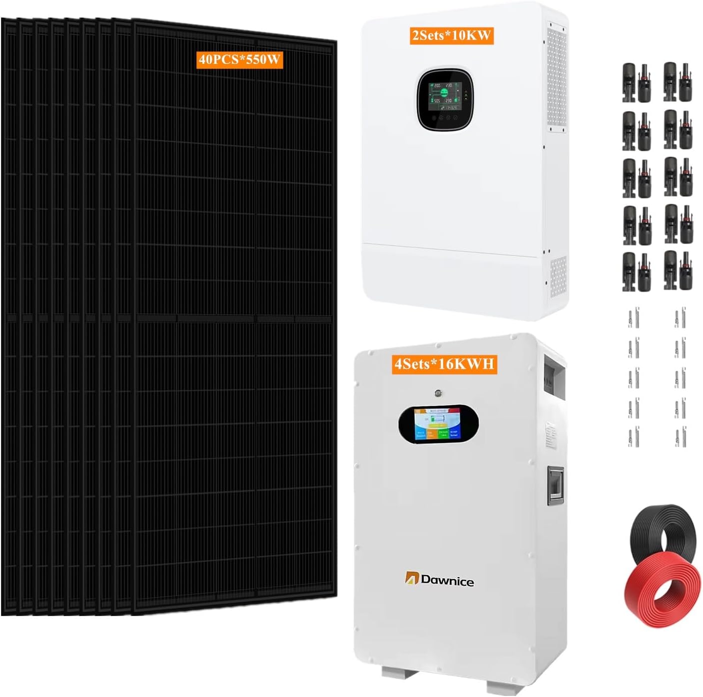 48V 10kw Off Grid Solar System Complete Kit Home Solar Power System Complete Kit with Solar Panels Solar Inverter Solar Battery 10KW 20KW 30KW (40 * 550W PV+2 * 10 Inverter+4 * 16Kwh Battery)
