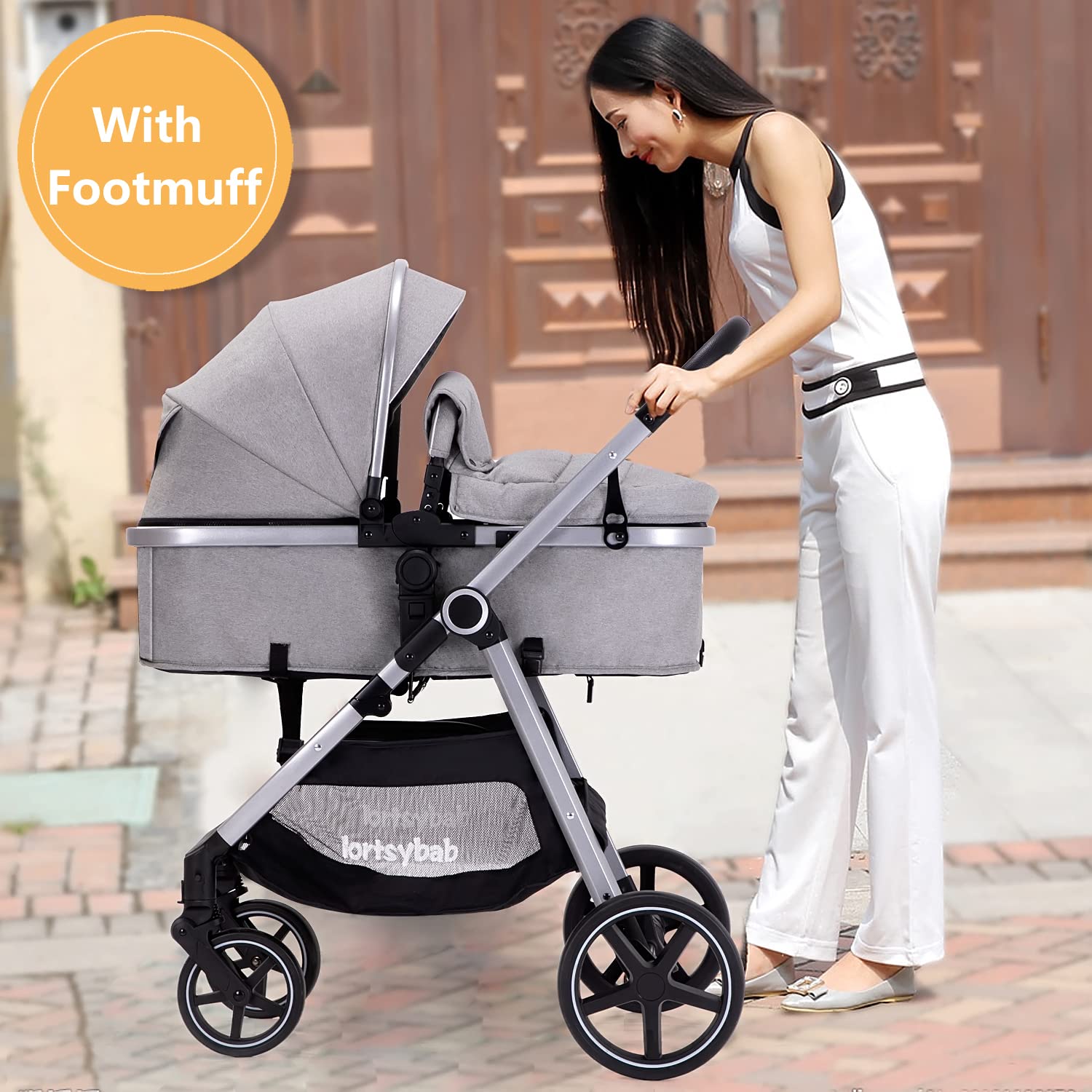 Lortsybab 2-in-1 Baby Stroller - Folding Infant Newborn Pram Stroller with Reversible Seat - Toddler Strollers for 0-36 Months Old Babies (Grey)