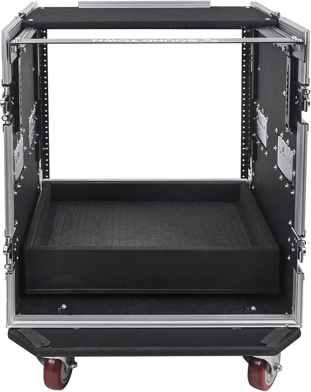 Sound Town 12U PA DJ Pro Audio Rack/Road ATA Case with 2U Drawer, 11U Slant Mixer Top, DJ Work Table, Casters, Pro Tour Grade (MR-DR12UT)