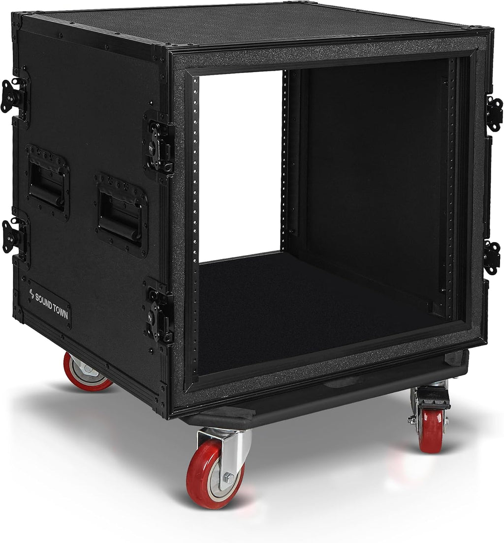 Sound Town Black Series Shock Mount 10U ATA Plywood Rack Case with 21' Rackable Depth, All-Black Anodized Hardware and Casters, Pro Tour Grade (STRC-SPB10UW)