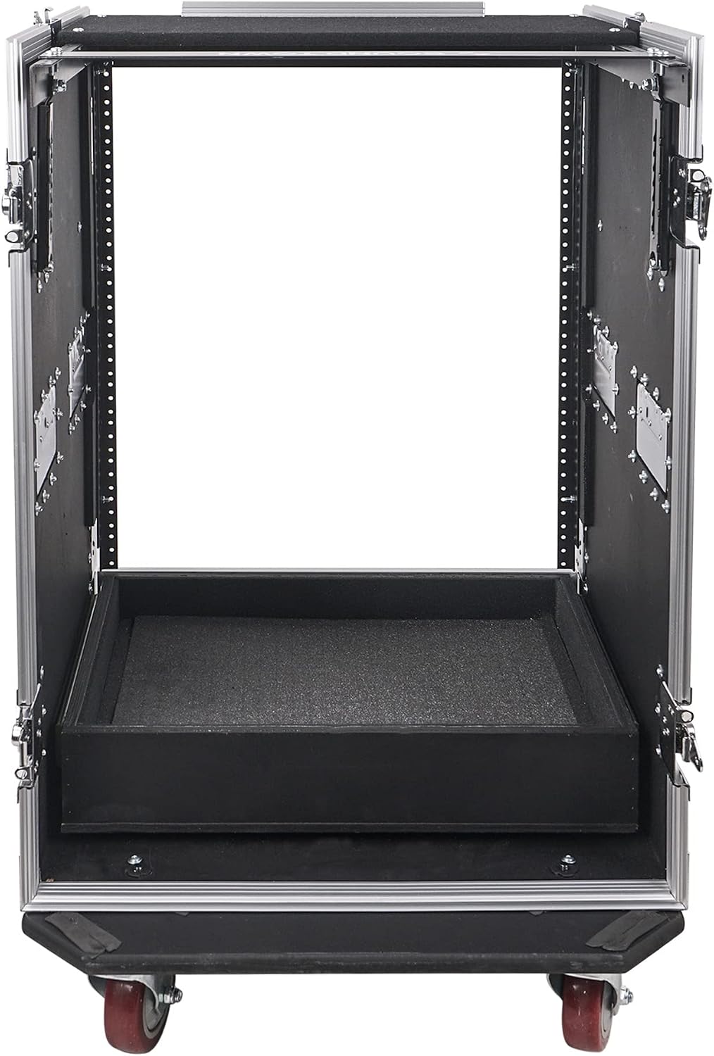 Sound Town 16U PA DJ Pro Audio Rack/Road ATA Case with 2U Drawer, 11U Slant Mixer Top, Two DJ Work Tables, Casters, Pro Tour Grade (MR-DR16UT2)
