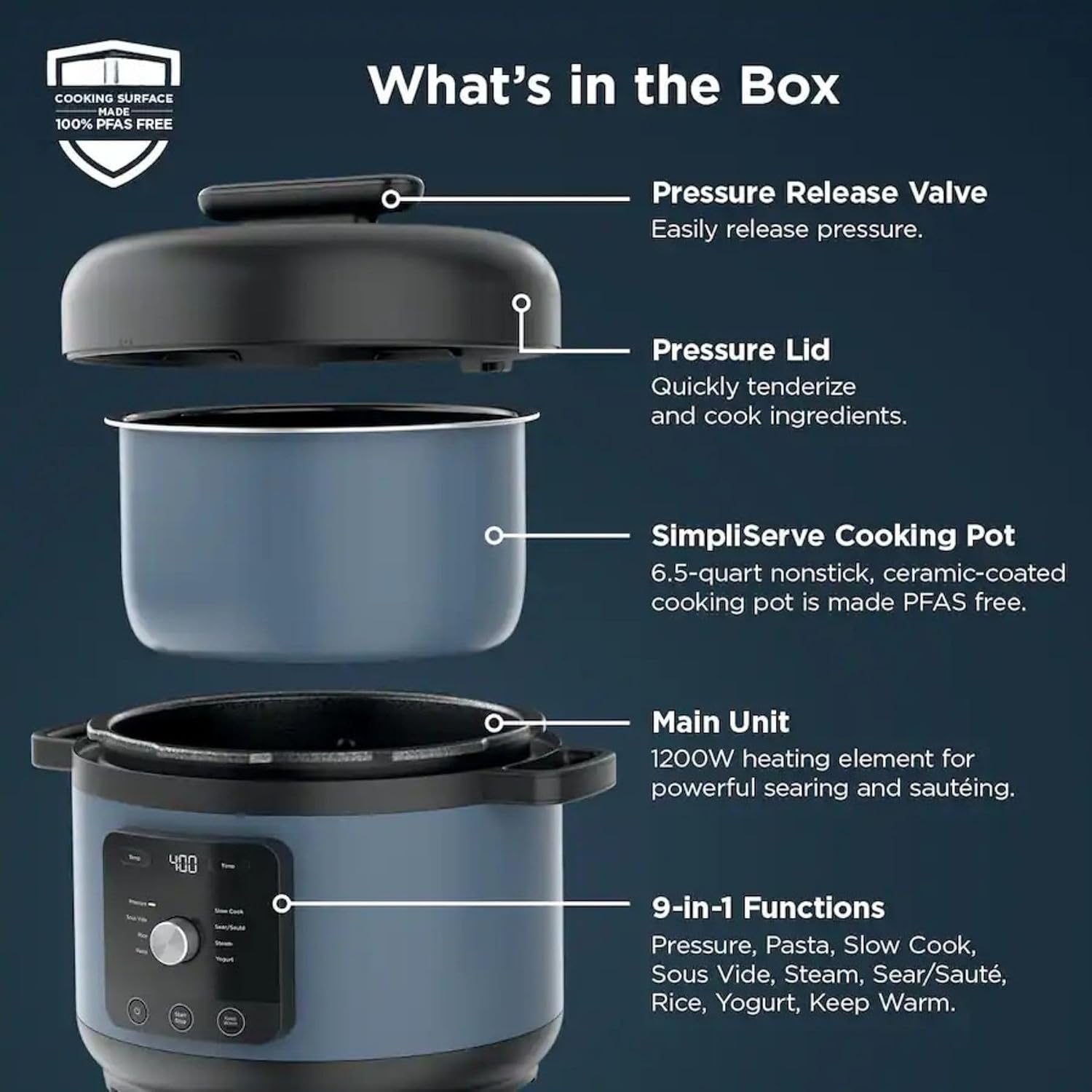 Hyper-Heat Pressure Cooker - 6.5 Quart Multi-Cooker with 9 Programmable Functions, 1200W Power, SimpliServe Pot for Family Meals, Electric Pressure Cooker for Fast and Healthy Cooking (Blue)