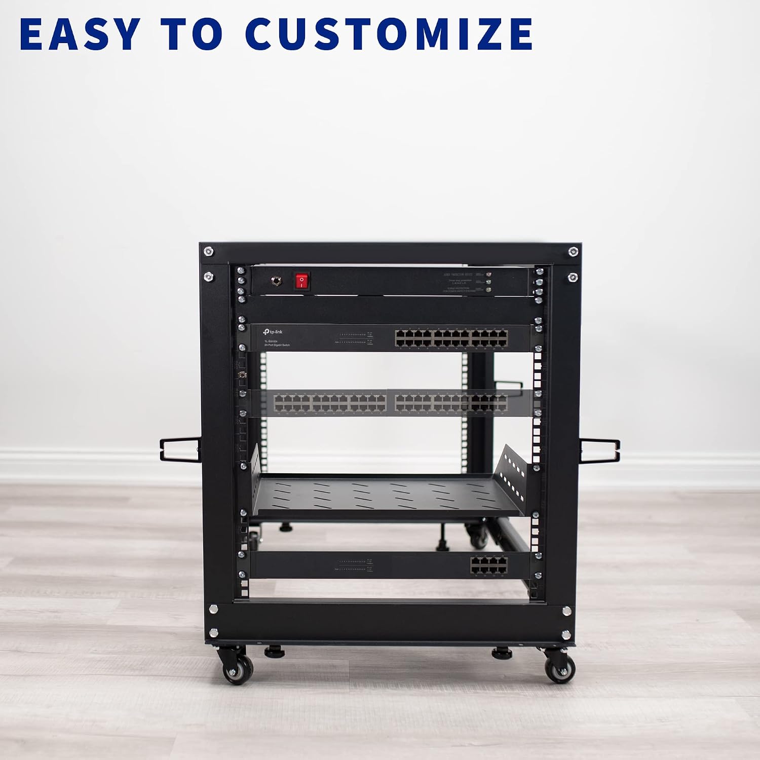VIVO 12U Freestanding Server Rack, Mobile Open Frame 22 to 40 Inch Adjustable Network Server Cart, Black Steel, CART-SR12U