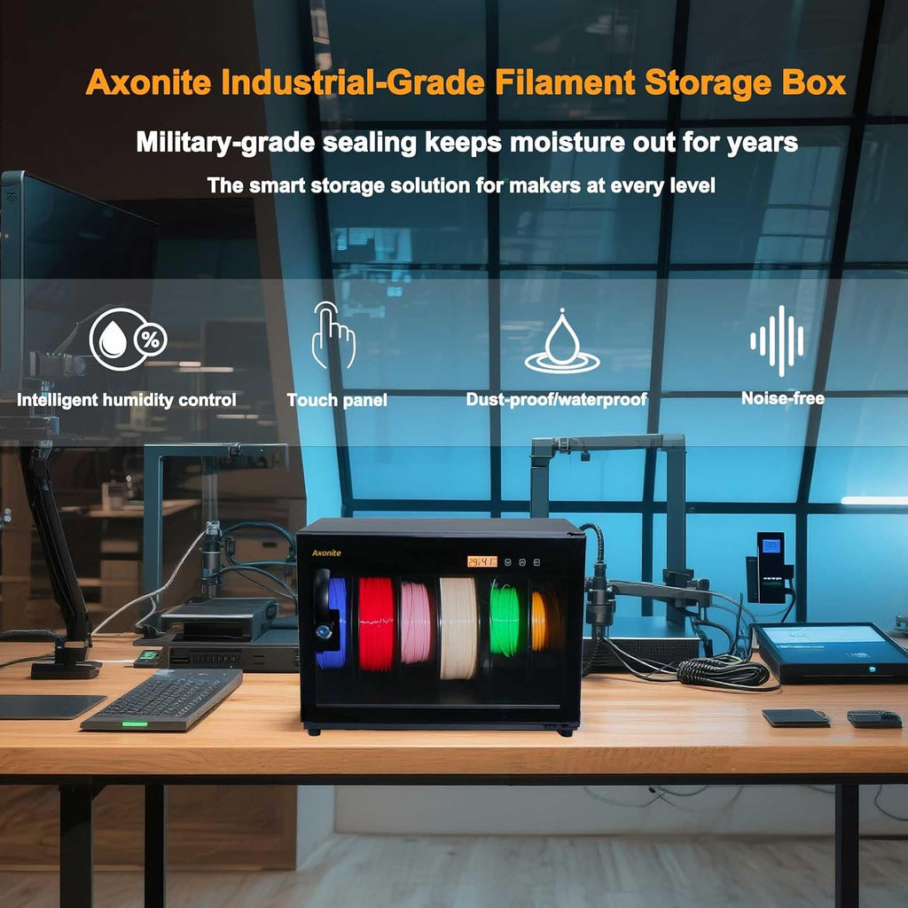 3D Printer Filament Storage Box, 6 Spool Capacity, Air Tight Dry Box with Humidity Control (20%-25% RH), Transparent Glass & Aluminum Alloy, Noiseless & Stackable Design for PLA/ABS/PETG