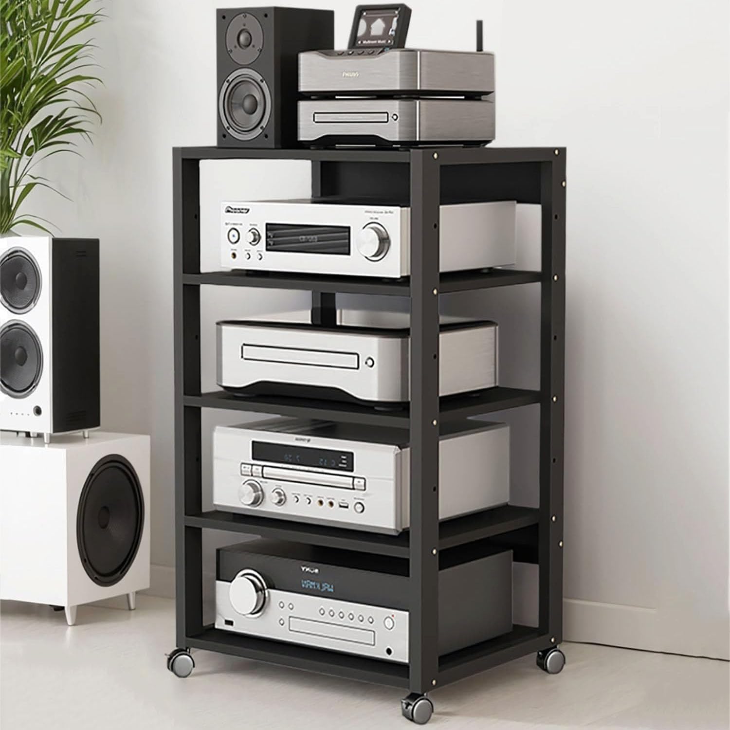 3/4/5 Tier Audio-Video Media Stand with Adjustable Shelves, Home Stereo System Entertainment Components Cabinet for Gaming, Meeting, Living, Recording Room, Black(50x40x90cm)