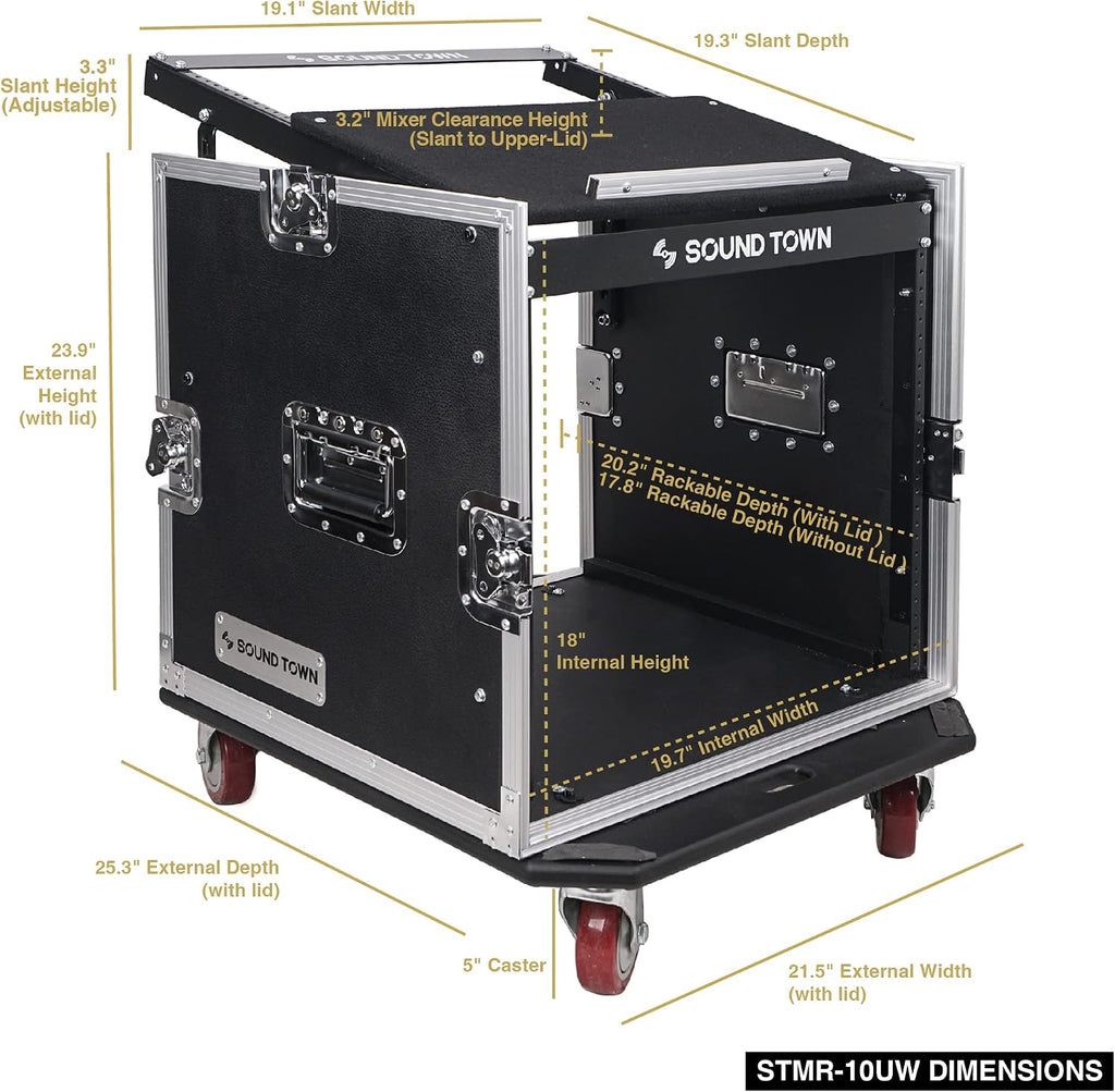 Sound Town Enhanced 1/2' (12mm) Plywood 10U PA DJ Pro Audio Rack/Road ATA Case with 11U Slant Mixer Top, 20'' Rackable Depth and Casters, 10 Space Size, Pro Tour Grade (STMR-10UW)