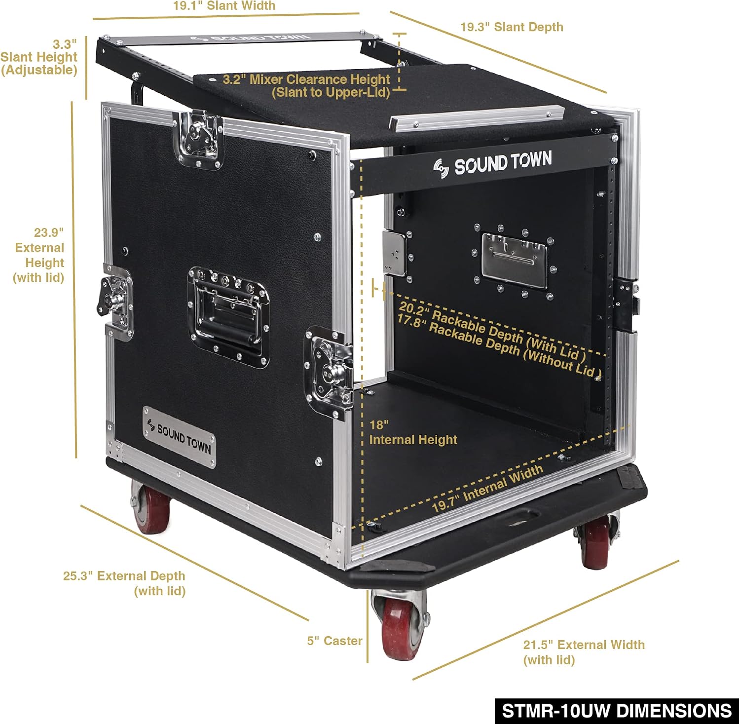 Sound Town Enhanced 1/2' (12mm) Plywood 10U PA DJ Pro Audio Rack/Road ATA Case with 11U Slant Mixer Top, 20'' Rackable Depth and Casters, 10 Space Size, Pro Tour Grade (STMR-10UW)