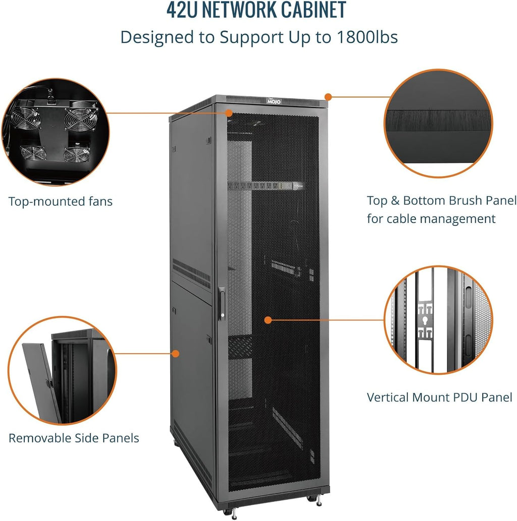 Tecmojo 42U Server Rack Network Cabinet 39.4' D x 23.6' W, Locking Data Cabinet Enclosure for 19' Server, Networking, AV & IT Equipment, Mesh Door, Black