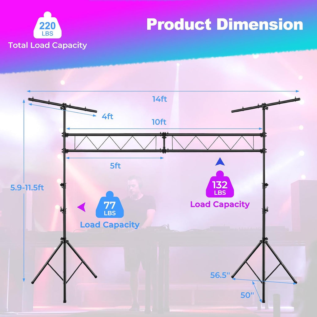 Goplus DJ Light Stand, 14FT Lighting Truss System with 32 Lights Hold 220LBS Capacity, 11-Level Adjustable Heights, T-Bar, Metal Stage Lighting Stand for Portable Audio Stage, Bar, Party, Bands