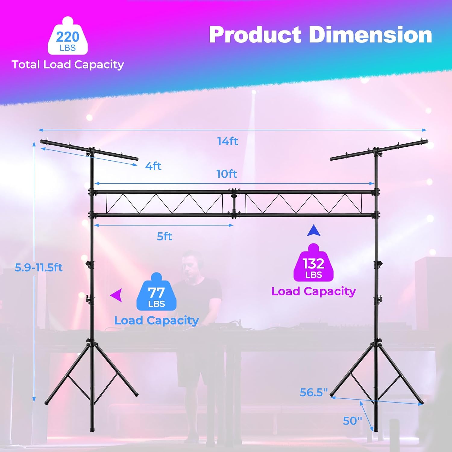 Goplus DJ Light Stand, 14FT Lighting Truss System with 32 Lights Hold 220LBS Capacity, 11-Level Adjustable Heights, T-Bar, Metal Stage Lighting Stand for Portable Audio Stage, Bar, Party, Bands