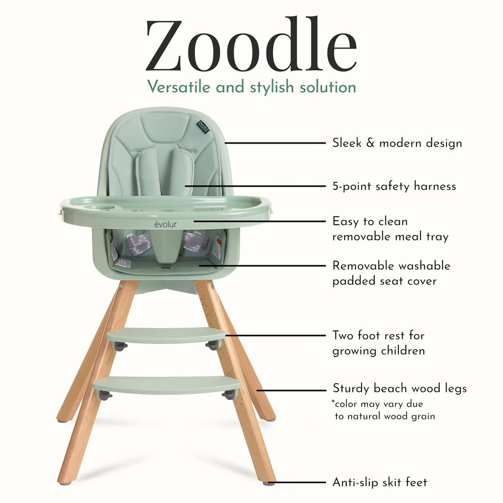 Evolur Zoodle 2-in-1 High Chair for Baby & Toddler – Convertible High Chair to Toddler Chair, Padded Seat, 5-Point Safety Harness, Dual Dishwasher-Safe Trays, Solid Beechwood Legs – Sage Green