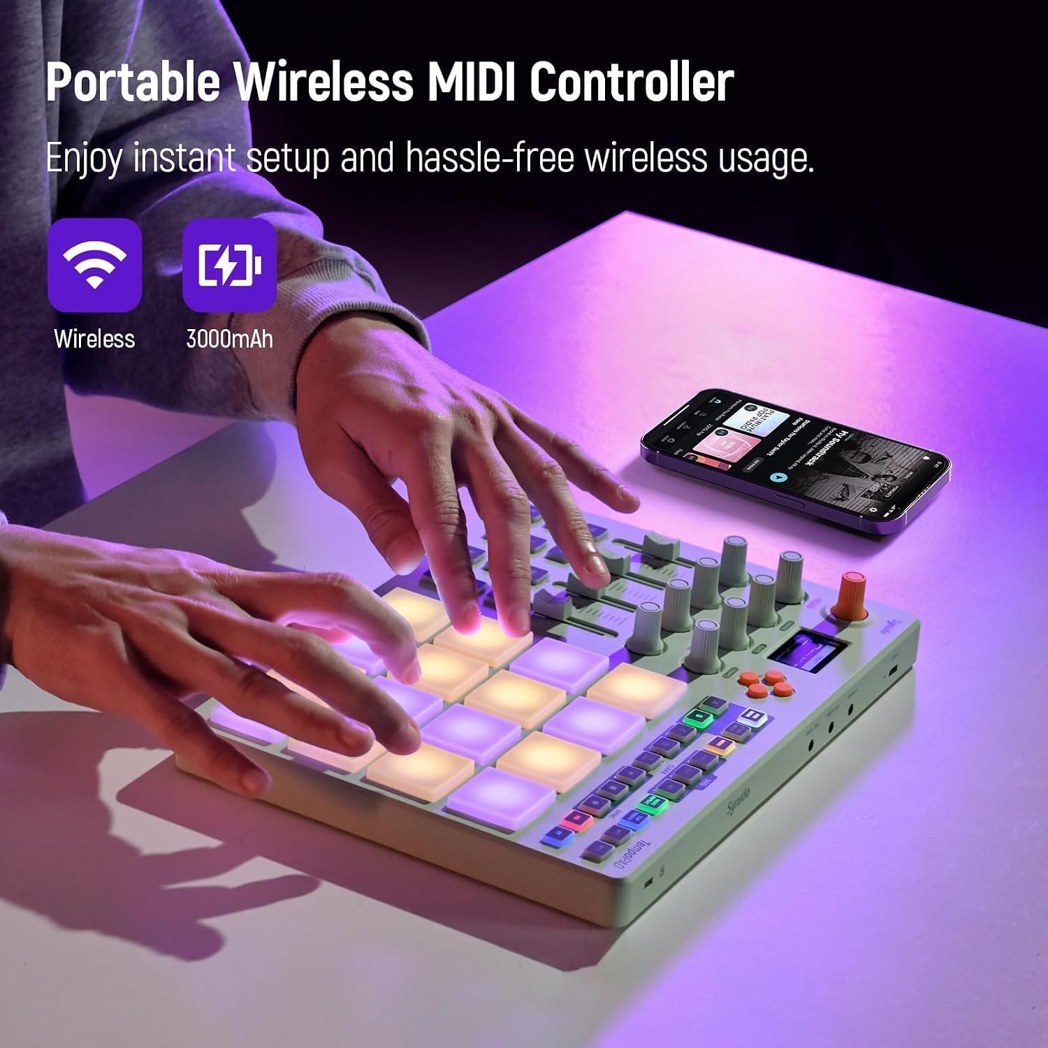 Synido Wireless MIDI Pad Controller, USB Rechargeable Beat Maker Machine for Music Production Professional with 16 RGB Beat Pad, OLED Screen, 16 Step Sequencer, MIDI In/Out/Thru