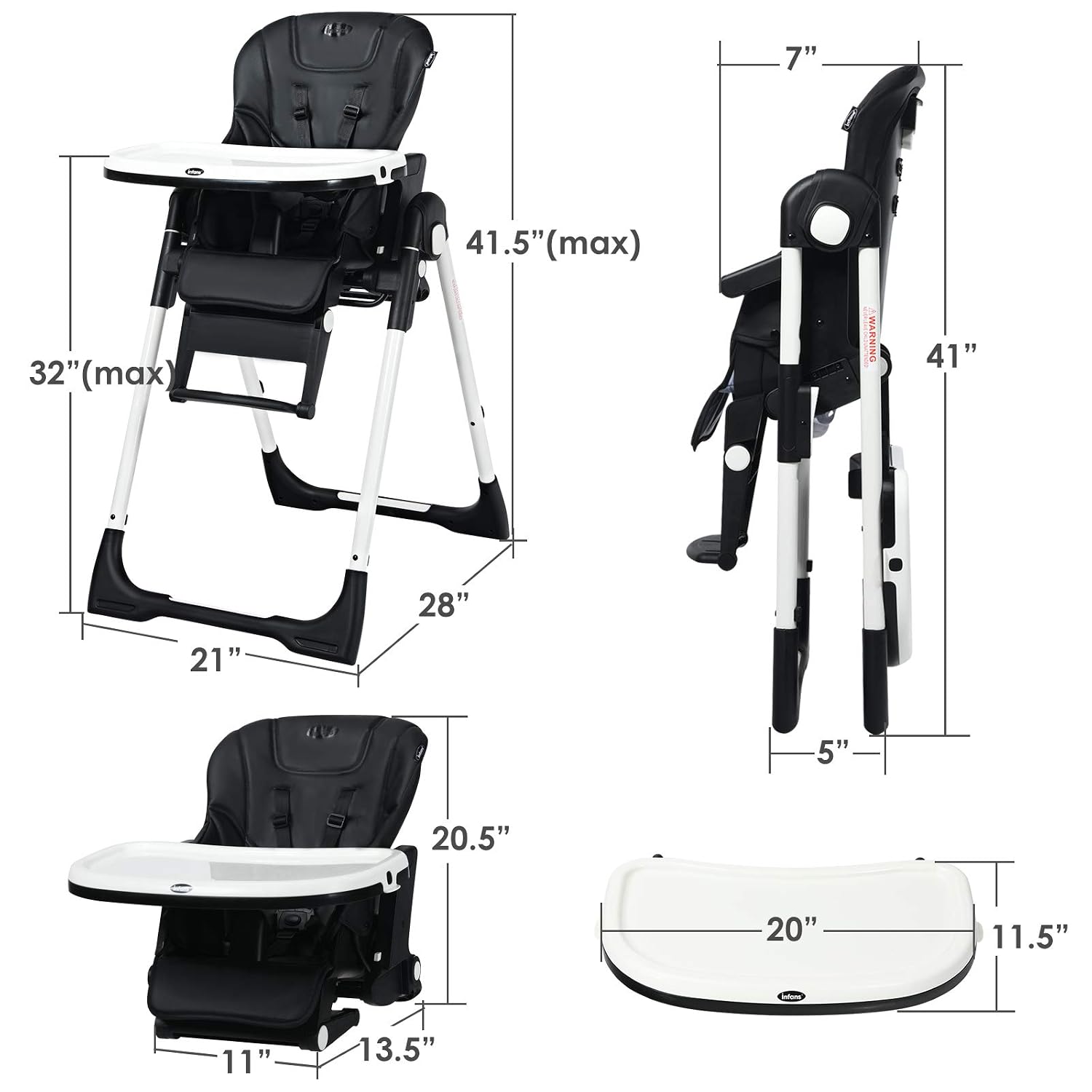 INFANS 4 in 1 High Chair–Booster Seat, Convertible Highchair w/Adjustable Height and Recline,Removable Tray,DetachableCushion, Installation-Free,Simple Fold for Baby, Infant& Toddler