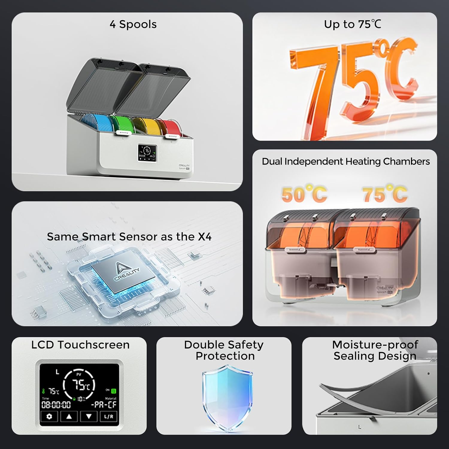 Creality Filament Dryer Box 4 Spools, Space Pi X4L Filament Storage Box, 200W PTC Heats Up to 75°C, Fast Drying Dual Heating Chambers, Moisture-Free Storage, for PLA, PETG, TPU, ABS
