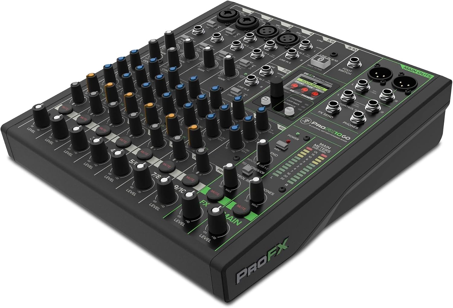 Mackie ProFX10 GO Battery-Powered 10-Channel Analog Audio Mixer With Bluetooth, USB-C Recording Modes, GigFX+ Effects, Onyx Preamps, EQ, Compression, Up to 8 Hours Battery Life