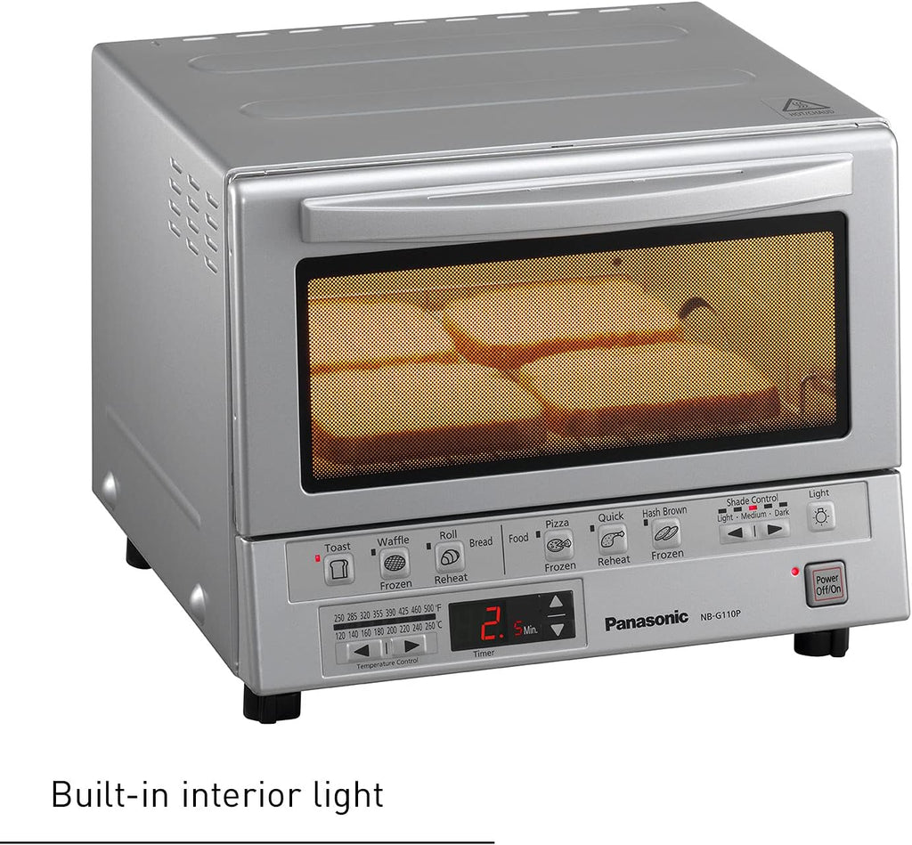 Panasonic FlashXpress Toaster Oven Countertop, 4-Slice Small Toaster Oven Compact Size with Double Infrared Heating, 6 Auto Cook Options and Precise Temperature Control, 1300W - NB-G110P (Silver)