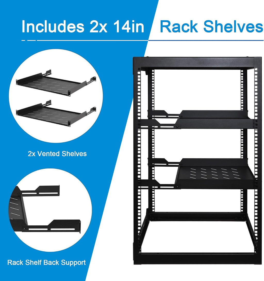 RackPath 20U Open Frame Network Rack with 2X 14in Vented 1U Shelves Rear Support, Wall Mount/Floor Standing Network Cabinet, Heavy Duty 150 lbs Capacity for IT & AV Gear, Audio and Video Device